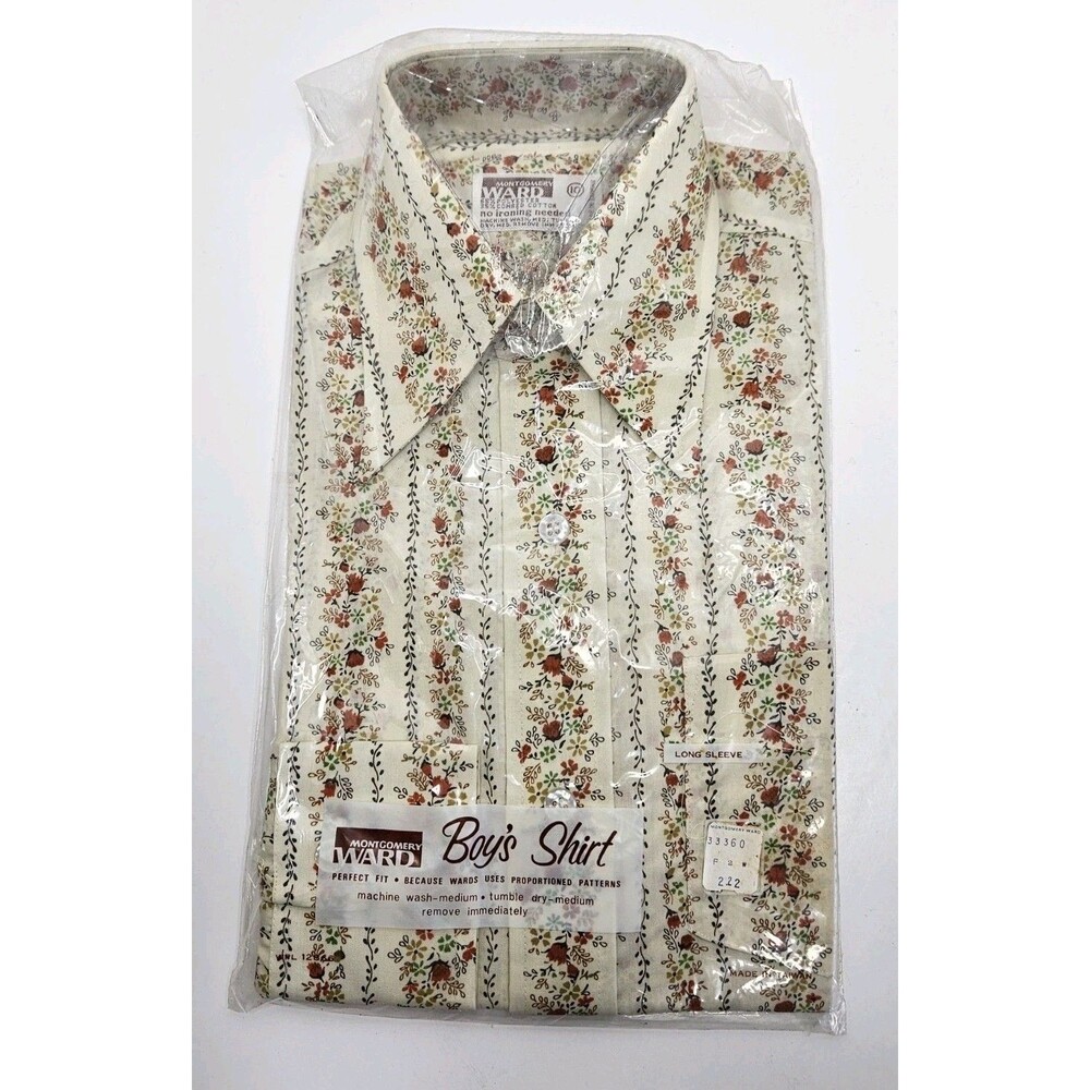 Vtg 1970s Montgomery Ward Long Sleeve Boys Shirt Sz 10 Floral Print Retro NOS - Picture 1 of 7